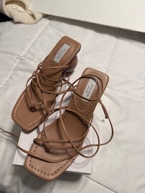 STEVEN by Steve Madden Tan Strappy Square-Toe Heels